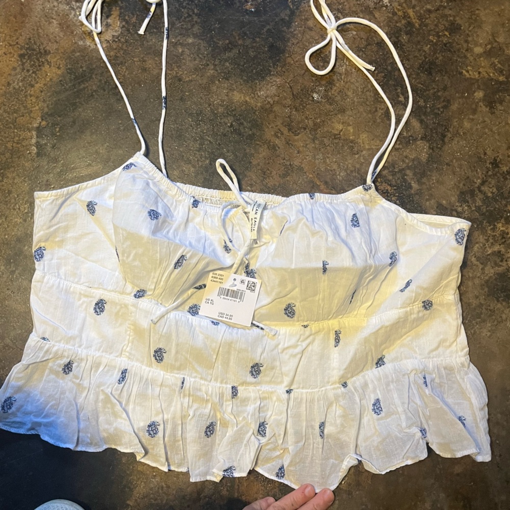 American Eagle Outfitters White and Blue Patterned Top